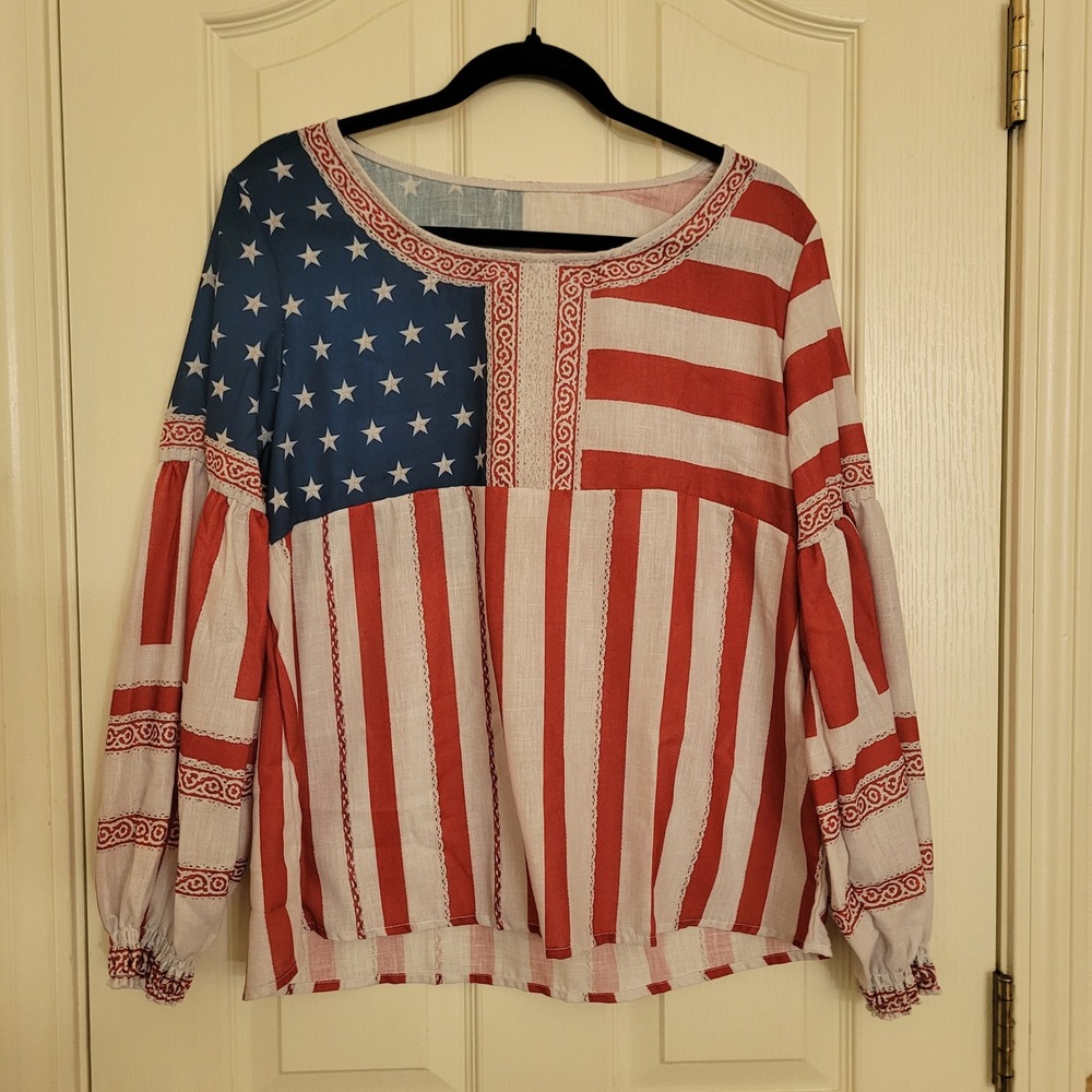 American Flag Stars Stripes Balloon Sleeve Blouse Women's M Americana Heritage